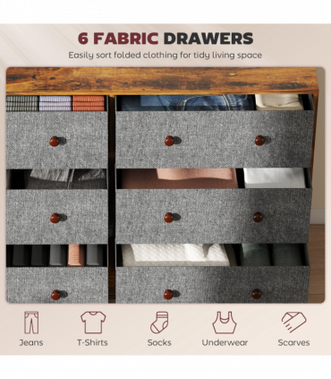 HOMCOM Chest of Drawers, 6 Drawer Dresser for Bedroom, Grey and Rustic Brown