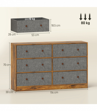 HOMCOM Chest of Drawers, 6 Drawer Dresser for Bedroom, Grey and Rustic Brown