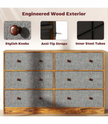 HOMCOM Chest of Drawers, 6 Drawer Dresser for Bedroom, Grey and Rustic Brown