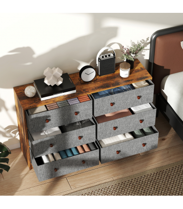 HOMCOM Chest of Drawers, 6 Drawer Dresser for Bedroom, Grey and Rustic Brown