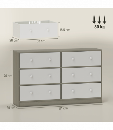 HOMCOM Chest of Drawers, 6 Drawer Dresser for Bedroom, White and Grey