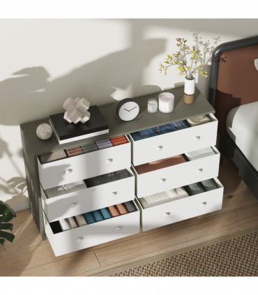 HOMCOM Chest of Drawers, 6 Drawer Dresser for Bedroom, White and Grey