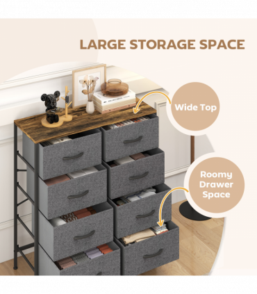 HOMCOM 8 Drawer Fabric Chest of Drawers with Wooden Top, Rustic Brown