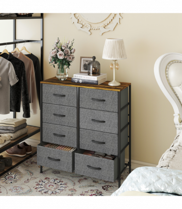 HOMCOM 8 Drawer Fabric Chest of Drawers with Wooden Top, Rustic Brown