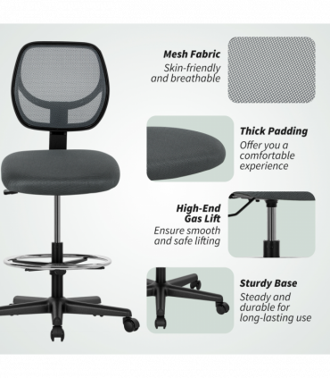 Vinsetto Swivel Mesh Office Chair w/ Adjustable Footrest Ring, Charcoal Grey