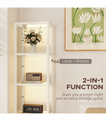 HOMCOM LED Floor Lamp with Glass Shelves, Dimmable Room Lamp, Oak