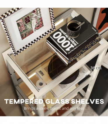 HOMCOM LED Floor Lamp with Glass Shelves, Dimmable Room Lamp, Oak