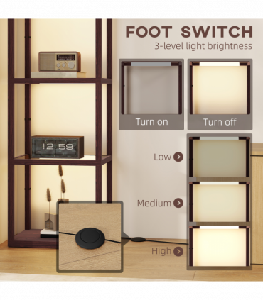 HOMCOM LED Floor Lamp with Glass Shelves, Dimmable Living Room Lamp, Brown