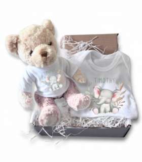 Personalised Happy Elephant Gift Hamper - Teddy & Baby Vest