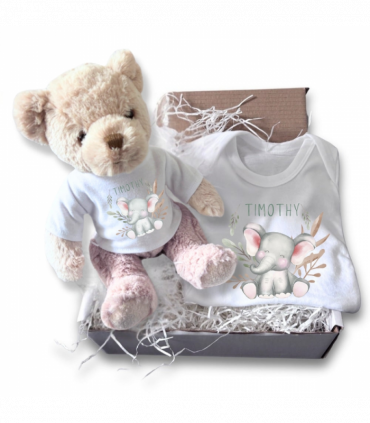 Personalised Happy Elephant Gift Hamper - Teddy & Baby Vest