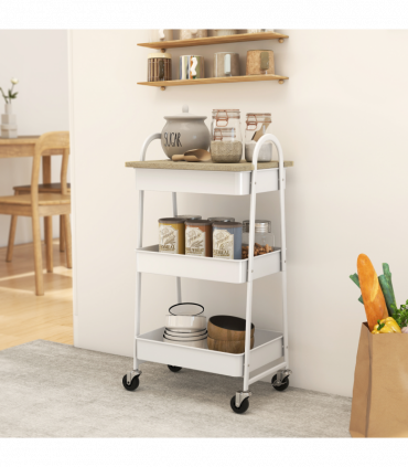 HOMCOM Rolling Utility Cart with Mesh Baskets for Kitchen White Oak
