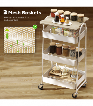 HOMCOM Rolling Utility Cart with Mesh Baskets for Kitchen White Oak
