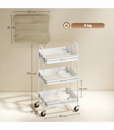 HOMCOM Rolling Utility Cart with Mesh Baskets for Kitchen White Oak