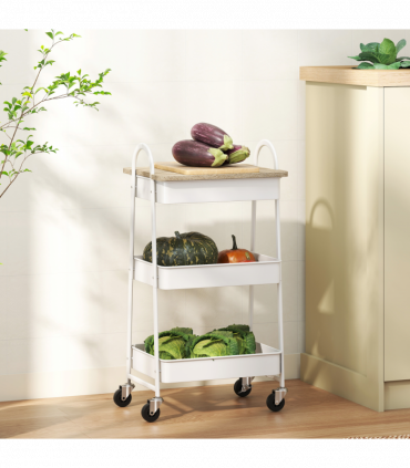 HOMCOM Rolling Utility Cart with Mesh Baskets for Kitchen White Oak