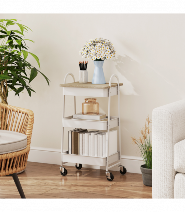 HOMCOM Rolling Utility Cart with Mesh Baskets for Kitchen White Oak