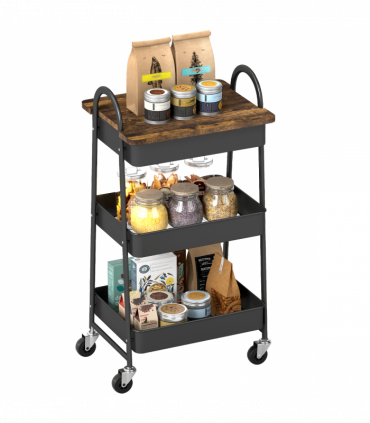 HOMCOM Rolling Utility Cart with Mesh Baskets for Kitchen Rustic Brown Black