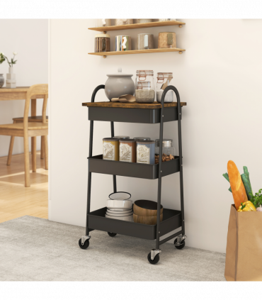 HOMCOM Rolling Utility Cart with Mesh Baskets for Kitchen Rustic Brown Black