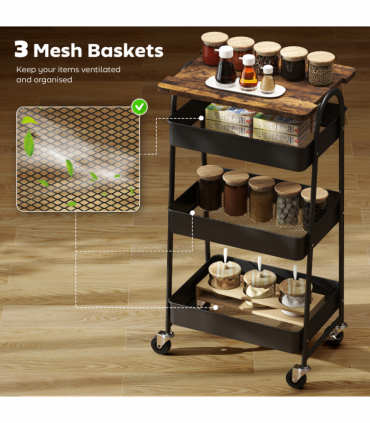HOMCOM Rolling Utility Cart with Mesh Baskets for Kitchen Rustic Brown Black
