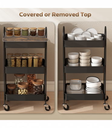 HOMCOM Rolling Utility Cart with Mesh Baskets for Kitchen Rustic Brown Black