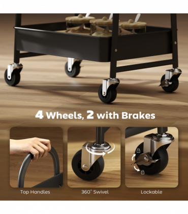 HOMCOM Rolling Utility Cart with Mesh Baskets for Kitchen Rustic Brown Black