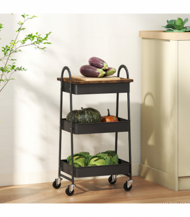 HOMCOM Rolling Utility Cart with Mesh Baskets for Kitchen Rustic Brown Black