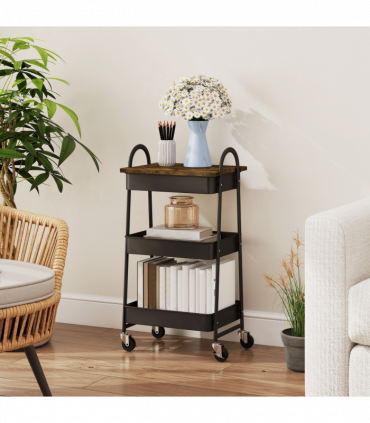 HOMCOM Rolling Utility Cart with Mesh Baskets for Kitchen Rustic Brown Black