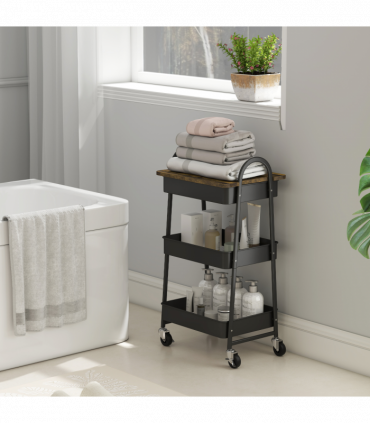 HOMCOM Rolling Utility Cart with Mesh Baskets for Kitchen Rustic Brown Black