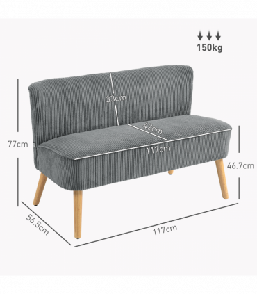 HOMCOM Corduroy Double Sofa w/ Wood Frame Foam Padding High Back, Grey