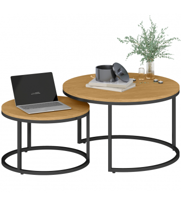 HOMCOM 2 Pcs Stacking Coffee Table Set with Steel Frame, Brown Wood Effect