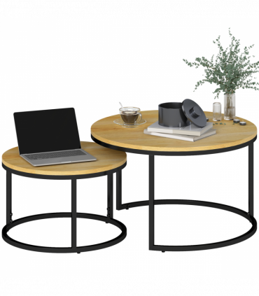 HOMCOM 2 Pcs Stacking Coffee Table Set with Steel Frame, Natural