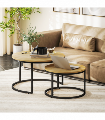 HOMCOM 2 Pcs Stacking Coffee Table Set with Steel Frame, Natural