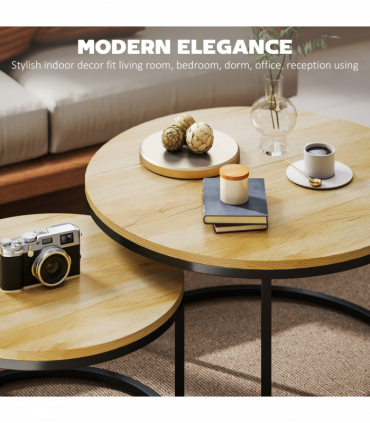 HOMCOM 2 Pcs Stacking Coffee Table Set with Steel Frame, Natural