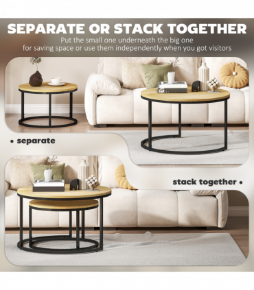 HOMCOM 2 Pcs Stacking Coffee Table Set with Steel Frame, Natural