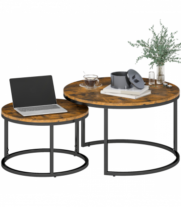 HOMCOM 2 Pcs Stacking Coffee Table Set with Steel Frame, Rustic Brown