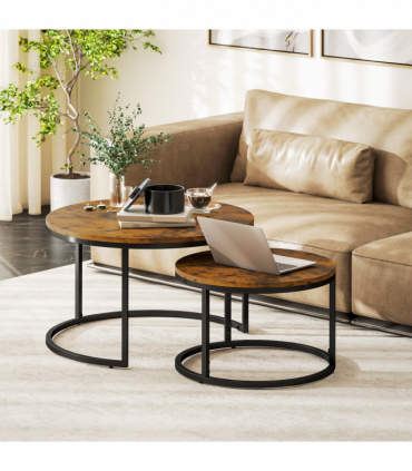 HOMCOM 2 Pcs Stacking Coffee Table Set with Steel Frame, Rustic Brown