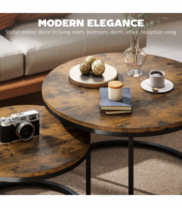 HOMCOM 2 Pcs Stacking Coffee Table Set with Steel Frame, Rustic Brown