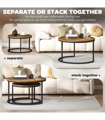 HOMCOM 2 Pcs Stacking Coffee Table Set with Steel Frame, Rustic Brown