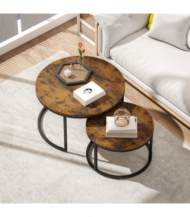 HOMCOM 2 Pcs Stacking Coffee Table Set with Steel Frame, Rustic Brown