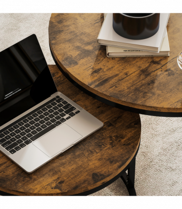 HOMCOM 2 Pcs Stacking Coffee Table Set with Steel Frame, Rustic Brown