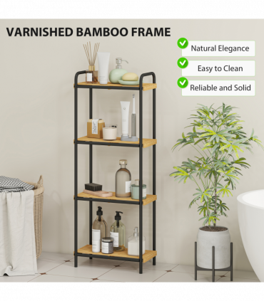 HOMCOM 4-Tier Bamboo Bathroom Shelf, Freestanding Shelving Unit, Natural