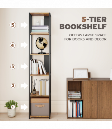 HOMCOM 5-Tier Bookshelf, Freestanding Display Storage Unit, Rustic Brown