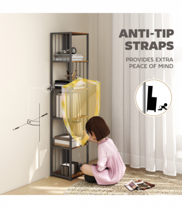 HOMCOM 5-Tier Bookshelf, Freestanding Display Storage Unit, Rustic Brown