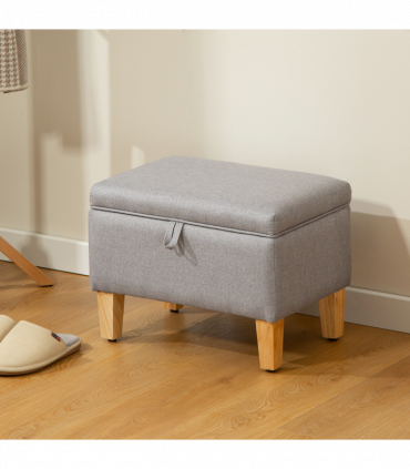 HOMCOM Linen Storage Ottoman Storage Box with Rubberwood Legs, Light Grey
