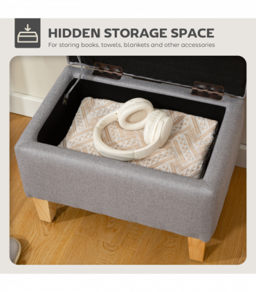 HOMCOM Linen Storage Ottoman Storage Box with Rubberwood Legs, Light Grey