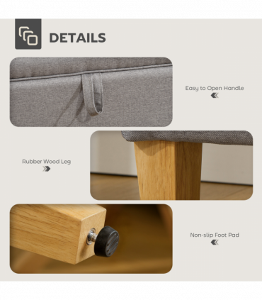 HOMCOM Linen Storage Ottoman Storage Box with Rubberwood Legs, Light Grey