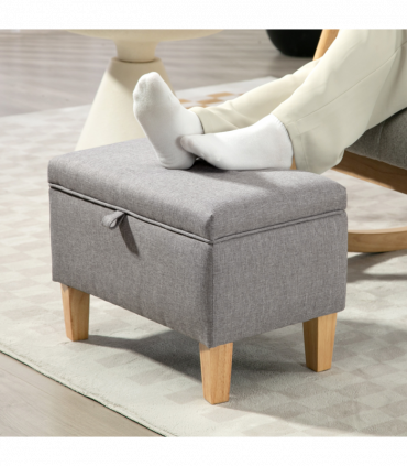 HOMCOM Linen Storage Ottoman Storage Box with Rubberwood Legs, Light Grey