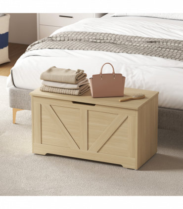 HOMCOM Storage Trunk with 2 Safety Hinges, 80cm, Natural Wood Finish