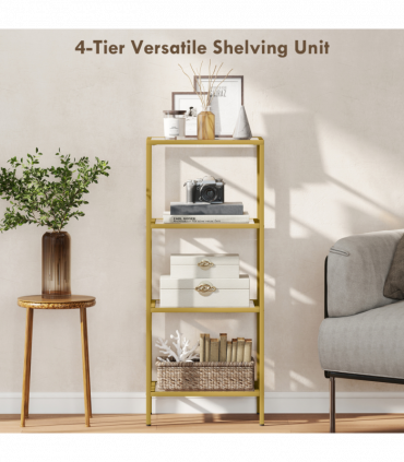 HOMCOM 4-Tier Shelving Unit Modern Glass Shelf Bookshelf for Home Gold Tone