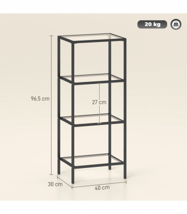 HOMCOM 4-Tier Shelving Unit Modern Glass Shelf Bookshelf for Home Black