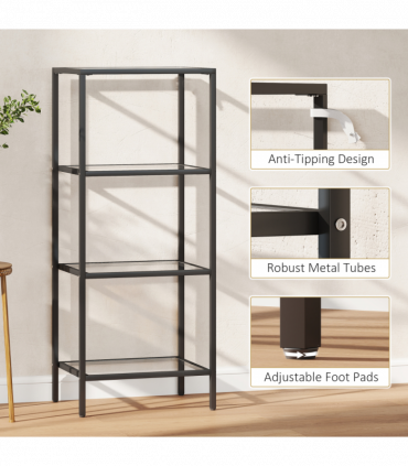 HOMCOM 4-Tier Shelving Unit Modern Glass Shelf Bookshelf for Home Black